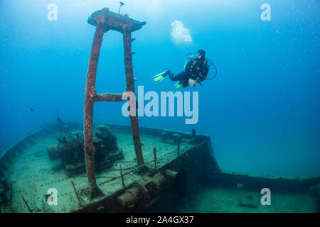 A scuba diver admires the Fang Ming shipwreck in La Paz, Mexico.