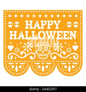 Happy Halloween  Papel Picado design with sugar skulls, Mexican paper cut out garland background with flowers and skulls Stock Vector