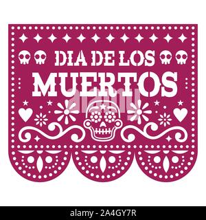 Dia de los Muertos - Day of the Dead Papel Picado design with sugar skulls, Mexican paper cut out garland background with flowers and skulls Stock Vector