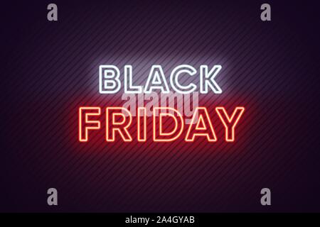 Neon Black Friday Banner. Text and Title of Black Friday with Neon lights on the dark Background with Lined texture. Billboard, Poster and Cover desig Stock Vector