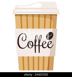 Disposable kraft brown, white paper hot coffee or tea cup with cap and holder icon isolated on white background, front view, designed coffee grain, fl Stock Vector