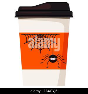 Paper coffee or tea cup decorated cartoon cute smiling black spider hanging on a string of cobweb with spederweb icon isolated on white background. Ve Stock Vector