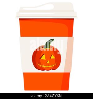 Vector flat design cartoon style paper coffee or tea cup decorated cartoon orange jack lantern pumpkin with light inside isolated on white background. Stock Vector