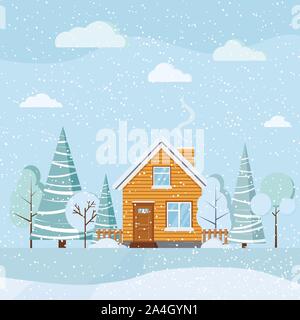 Flat design blue beautiful winter landscape with wooden rural house with chimney, snowy fields, winter trees, spruces, clouds, snowfall in cartoon sty Stock Vector