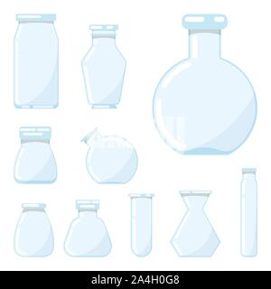Blue clear glass chemical different shapes test tubes flask icon set flat design cartoon style isolated on white background. Empty bottles collection. Stock Vector