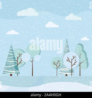 Flat design winter landscape background with blue trees, spruces, fields, road, sky, clouds vector illustration in cartoon style. Christmas snowy natu Stock Vector