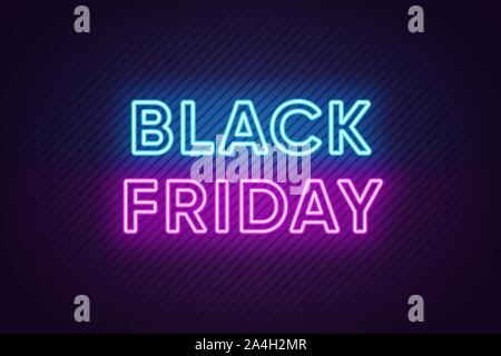 Neon Black Friday Banner. Text and Title of Black Friday with Neon lights on the dark Background with Lined texture. Billboard, Poster and Cover desig Stock Vector