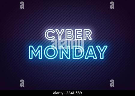 Neon Cyber Monday Banner. Text and Title of Cyber Monday with Neon lights on the dark Background with Lined texture. Billboard, Poster and Cover desig Stock Vector