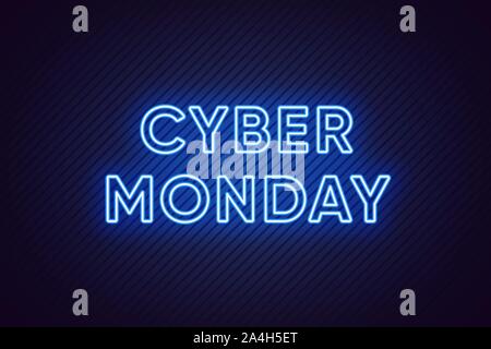 Neon Cyber Monday Banner. Text and Title of Cyber Monday with bright Neon Blue lights on the dark Background with Lined texture. Billboard, Poster and Stock Vector