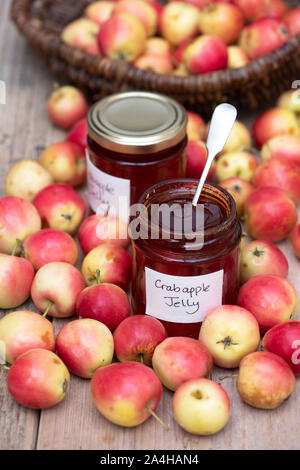 Malus ‘Jelly King’. Crab apple ‘Jelly King’ fruit and a jar of crab apple jelly Stock Photo