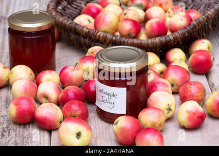 Malus ‘Jelly King’. Crab apple ‘Jelly King’ fruit and a jar of crab apple jelly Stock Photo