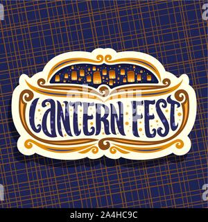 Vector logo for Sky Lantern Festival, signboard with floating paper balloons with burning candles on evening sky, original brush typeface wor words la Stock Vector