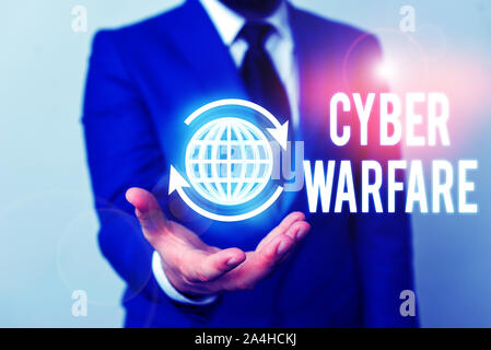 Word writing text Cyber Warfare. Business photo showcasing Virtual War Hackers System Attacks Digital Thief Stalker Stock Photo