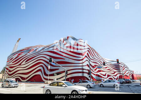 Modern stainless steel exterior of The Petersen Automotive Museum in Los Angeles, California Stock Photo