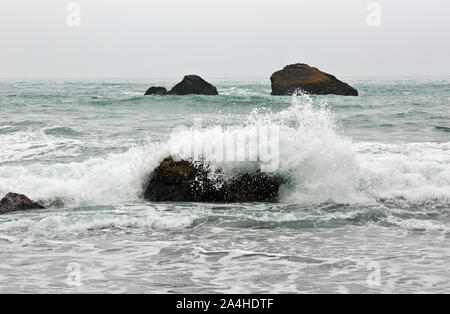 CALIFORNIA - Waves hitting off-shore rocks viewed from the California Coast Trail at the northern end of Gold Bluffs Beach in Prairie Creek Redwoods. Stock Photo