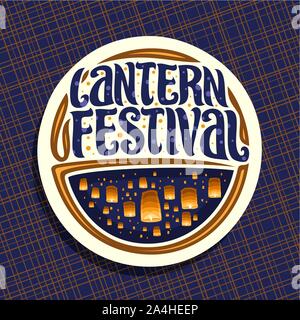 Vector logo for Sky Lantern Festival, round sign with many flying paper balloons with burning candles in evening sky, original brush typeface for word Stock Vector