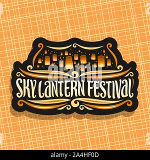 Vector logo for Sky Lantern Festival, signboard with flying paper balloons with burning candles in evening sky, original brush typeface for words sky Stock Vector