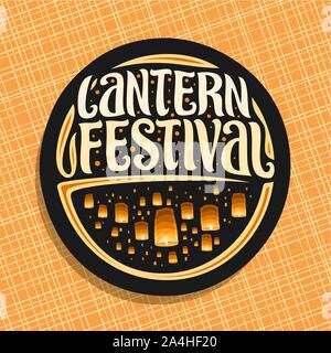 Vector logo for Sky Lantern Festival, round sign with many flying paper balloons with burning candles in evening sky, original brush typeface for word Stock Vector