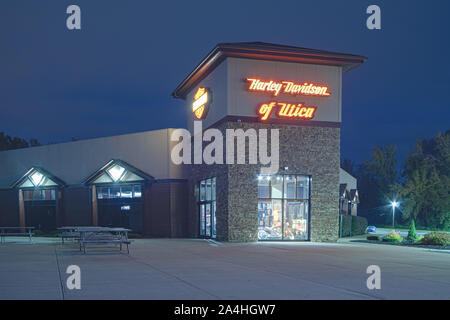 Utica, New York - Oct 14, 2019: Harley - Davidson Motorcycle Dealership Exterior. Harley-Davidson, or Harley, is an American Motorcycle Manufacturer, Stock Photo