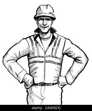 Construction worker in hard hat. Ink black and white drawing Stock Photo