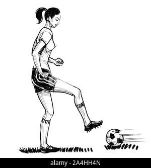 Female soccer player. Ink black and white drawing Stock Photo