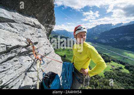 Multi-pitch rock climbing near Innertkirchen, Switzerland Stock Photo