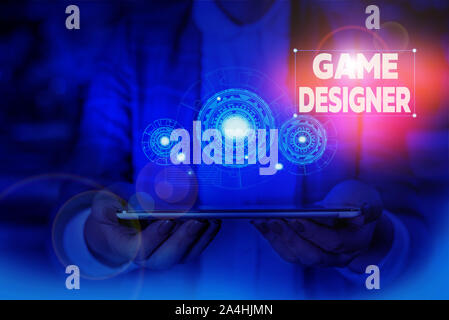 Handwriting text writing Game Designer. Conceptual photo Campaigner Pixel Scripting Programmers Consoles 3D Graphics Woman wear formal work suit prese Stock Photo