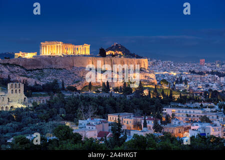 The Parthenon Temple in Acropolis of Athens at blue night, Athens, Greece.