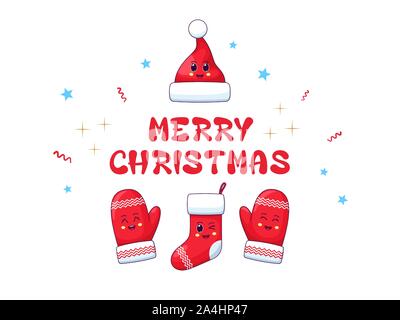 Merry Christmas, Cartoon scene of Festive Greeting. Joyful holiday Composition with Santa Hat, Christmas Sock, Mittens and Text on White Background. C Stock Vector