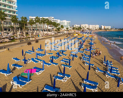 Protaras, Cyprus - Oct 11. 2019. Aerial view of Famous Sunrise Beach -a beautiful public Beach Stock Photo