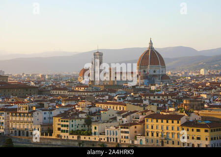 Florence city during golden sunset. Panoramic view of the Cathedral of Santa Maria del Fiore (Duomo), Florence, Italy. Stock Photo