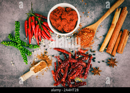 peppercorns curry paste cayenne pepper on wooden spoon herbs and spices star anise cinnamon dried chilli background / red hot chilli powder top view i Stock Photo