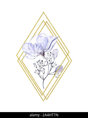 Watercolor Transparent Rose rhomb frame with golden glitter. Vertical arrangement with purple blue flowers, leaves and shiny foil. Hand painted floral Stock Photo