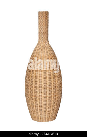 Decoration element isolated. Close-up of a large empty wicker basket vase isolated on a white background. Stock Photo