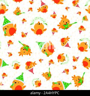 Fun Christmas design with cartoon robins playing guitar, singing and dancing. Seamless vector pattern in gold, red and green on musical note textured Stock Vector