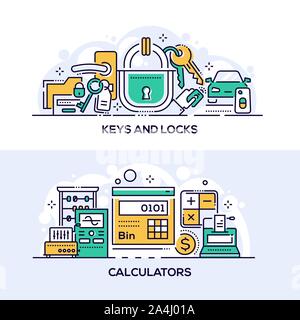 Keys and locks and calculators banner template Stock Vector