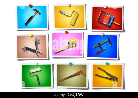 Instant photo on White background and Set of work tools isolated on colored background Stock Photo
