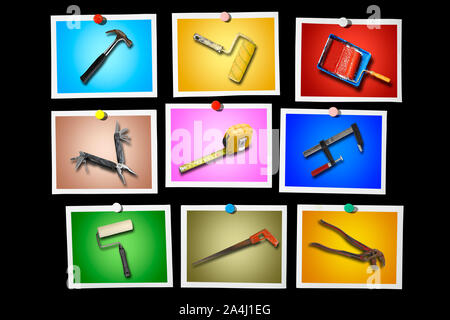 Instant photo on Black background and Set of work tools isolated on colored background Stock Photo