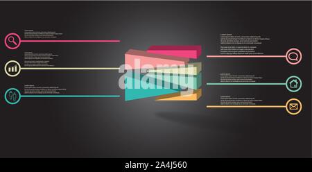 3D illustration infographic template. The embossed cube is randomly divided to six shifted color parts. Object is arranged on grey dark background. Li Stock Vector