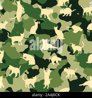 Vector green camouflage pattern with figures of cats Stock Vector