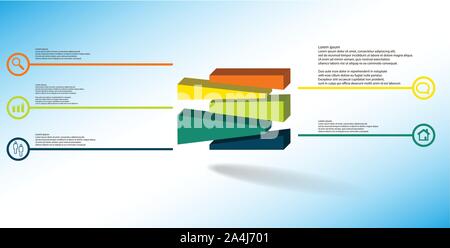 3D illustration infographic template. The embossed cube is randomly divided to five shifted color parts. Object is arranged on blue white background. Stock Vector