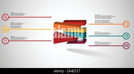 3D illustration infographic template. The embossed cube is randomly divided to six shifted color parts. Object is arranged on grey white background. L Stock Vector