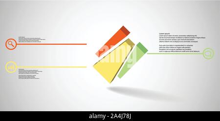 3D illustration infographic template. The embossed cube is randomly divided to three shifted color parts. Object is askew arranged on grey white backg Stock Vector