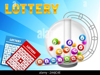 Bingo or lottery card with balls and lotto machine. Stock Vector