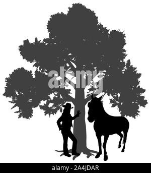 Young woman standing with horse under oak tree. Young girl is leaning against a tree. Woman leaned a hand on trunk of tree. Stock Photo