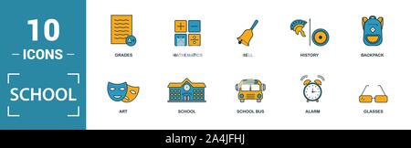 School icon set. Include creative elements school, bell, alphabet, history, art icons. Can be used for report, presentation, diagram, web design Stock Vector