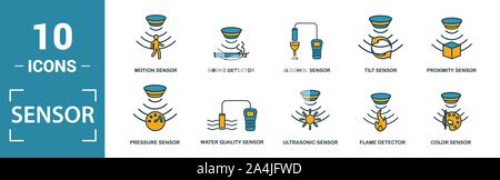 Sensor icon set. Include creative elements water quality sensor, smoke detector, gas, rain sensor, humidity sensor icons. Can be used for report Stock Vector