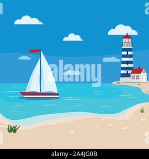Beautiful calm seascape blue ocean, clouds, sand coastline with grass, sailboat, lighthouse. Vector illustration of sea landscape background in flat c Stock Vector