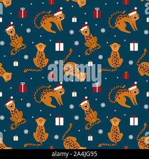 Christmas seamless pattern with cute leopards. Funny african animals with presents and snowflakes on dark background. Flat vector illustartion. Stock Vector