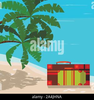 Beautiful sea landscape with colored suitcases- blue ocean, palm trees, sand coastline. Vector illustration of exotic tropical seascape background in Stock Vector